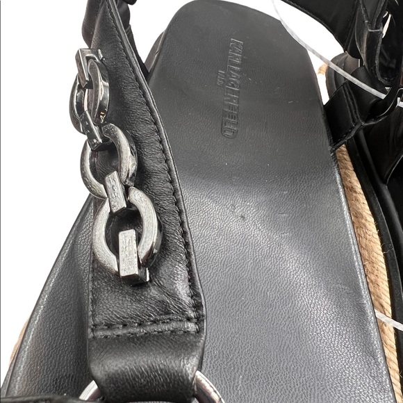 Karl Lagerfeld Palma Strappy Chain Black Leather Platform Jute Wedge Sandal 9 - Picture 6 of 14